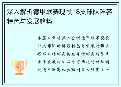 深入解析德甲联赛现役18支球队阵容特色与发展趋势
