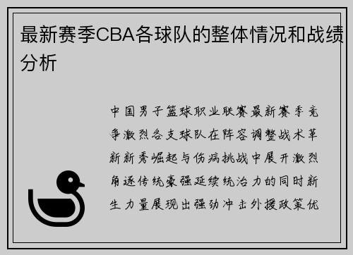 最新赛季CBA各球队的整体情况和战绩分析