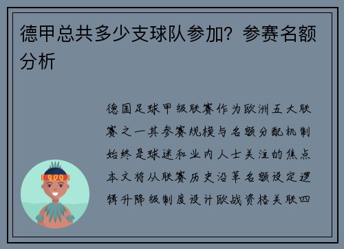 德甲总共多少支球队参加？参赛名额分析