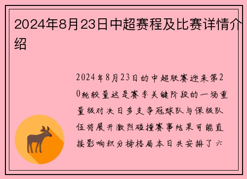 2024年8月23日中超赛程及比赛详情介绍